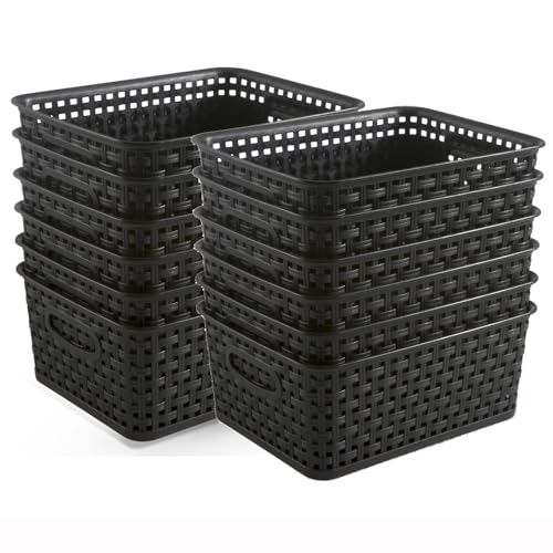 Black Plastic Weave Storage Baskets, 12-Pack Woven Basket Organizer for Kitchen Office Bathroom - color: Black, size: 12-Pack
