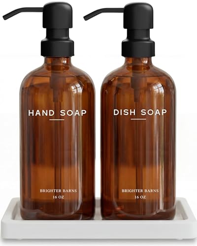 Amber Glass Hand and Dish Soap Dispenser Set by Brighter Barns - Kitchen Soap Dispenser Set with Tray for Kitchen, Airbnb, Vacation Rental or Restaurant - Modern Kitchen Decor & Accessories (Amber) - color: Amber Hd
