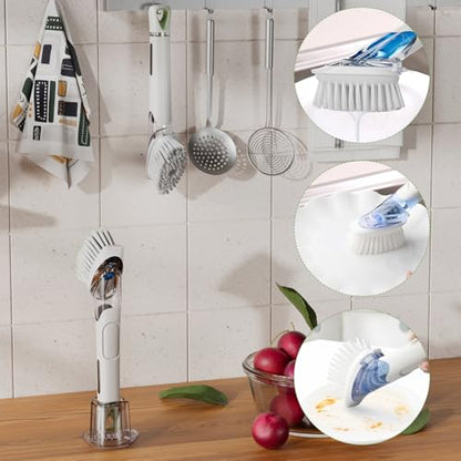 RIMAY Dish Brush with Soap Dispenser Storage Set, Soap Dispensing Dish Brush with 2 Pcs Brush Refills & Holder, Kitchen Dish Washing Wand with Handle for Dishes/Pans/Pots/Sink (White) - color: White-green