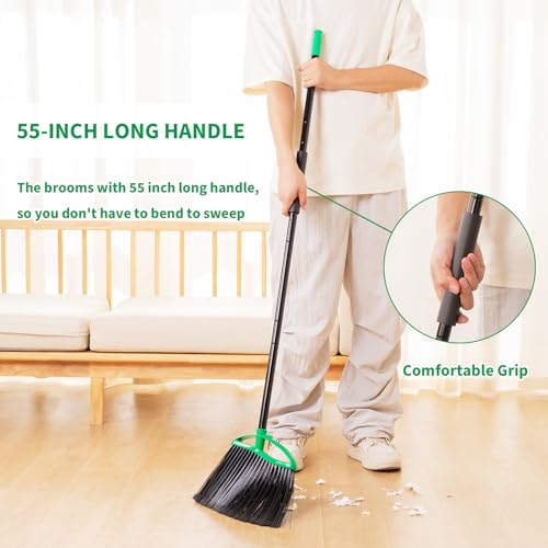 2 Pack Heavy Duty Brooms, 55" Long Handle Indoor Outdoor Angle Broom Set, Household Commercial Floor Cleaning, for Sweeping Home, Kitchen, Deck, Garage, Patio - Green