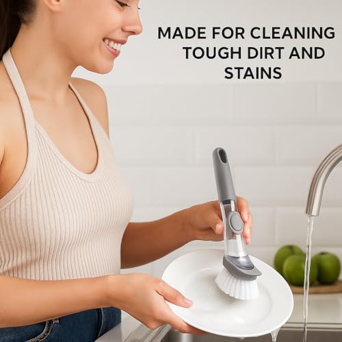 2-in-1 Soap Dispensing Dish Brush with Sponge Head – Easy Grip Kitchen Scrubber for Dishes, Pots, Pans & More – Includes Refill – by Dependable Industries Inc. Essentials