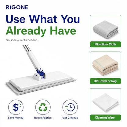 RIGONE Snap Grip Mop Kit, Hands-Free Flat Mop with One-Press Clip, 49" Wet Dry Floor Cleaner, Use Any Cloth, Towel or Rag, 34-Piece Set for Hardwood Tile Wall Window Home Cleaning