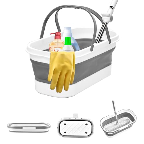 Collapsible Mop Bucket Basin Tub with Handle and Wheels, 12L (3.2 Gallon) Foldable Small Plastic Container for Household Cleaning, Car Washing, Portable Basket Bin Tool for Storage Organizer, Grey - color: Gray