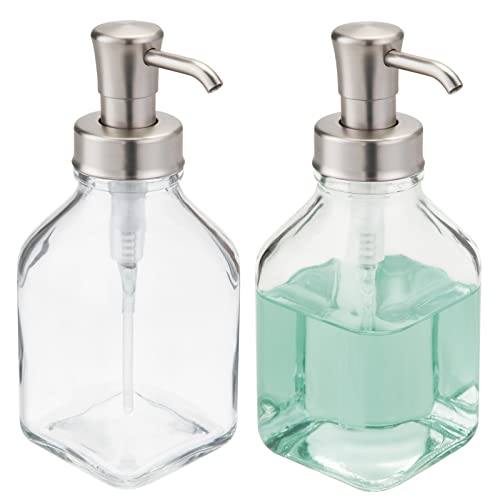 mDesign Square Glass Refillable Liquid Soap Dispenser Pump Bottle for Bathroom Vanity Countertop, Kitchen Sink - Holds Hand Soap, Dish Soap, Hand Sanitizer, Essential Oils - 2 Pack - Clear/Brushed - color: Clear/Brushed
