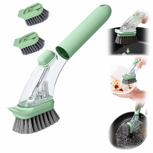 2-in-1 Soap Dispensing Dish Brush with Handle - Kitchen Scrub Brush for Easy Cleaning of Dishes, Pots, Pans, and Sinks (Green) - Efficient and Ergonomic Design Green - color: Green