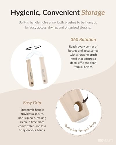 Moyuum Silicone Baby Bottle and Nipple Brush Set | Made in Korea, 360 Degree Rotating Handle, Soft Bristles, Hanging Hole for Quick Drying and Storage, Dishwasher Safe (Cool Grey) - color: Cool Grey