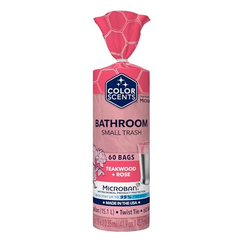 Color Scents Small Trash Bags - 4 Gallon, 60 Bags (1 Pack of 60 Count), Twist Tie - Pink Bag in Teakwood + Rose Scent with Microban - size: 60 Count (Pack of 1), style: Teakwood + Rose Scent