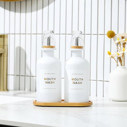 11.8OZ Mouthwash Dispenser for Bathroom with Bamboo & Stainless Steel Pour Spout, Mouthwash Cups Reusable, Bamboo Tray, and Elegant Gold Label. Set of 2（White - color: White/350*2