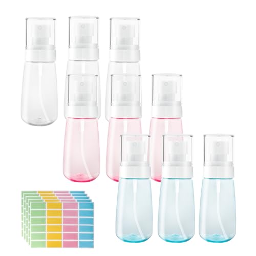 9 Pcs Travel Spray Bottle 60ml/2oz Leak Proof Fine Mist Spray Bottles Empty Mini Makeup Face Spray Bottle Clear Refillable Travel Containers for Perfume Cosmetic Essential Oil, 3 Color(120pcs Labels) - size: 9 Pcs - 2 oz