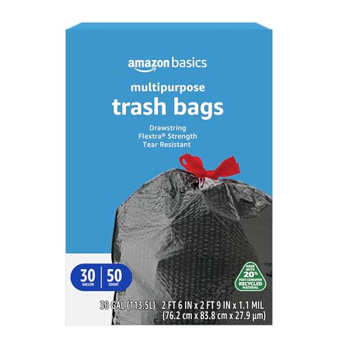Amazon Basics 30 Gallon Flextra Strength Multipurpose Drawstring Trash Bags,20% Post Consumer Recycled Material,Tear Resistant,Black,(Pack of 300) - size: 1 Count (Pack of 300)