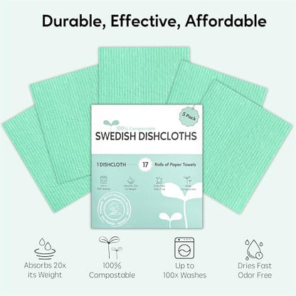 Swedish Dishcloths for Kitchen, 5 Pack Swedish Dish Cloths, Ultra Absorbent Reusable Paper Towels, Cellulose Sponge Cloths, Quick Drying, No Odor, Dishwasher Safe Mint Green - color: Mint Green