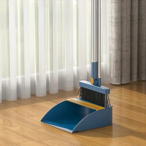 Broom and Dustpan Set, Long Handle Standing Broom with Self-Cleaning Comb Teeth, Heavy Duty Broom Dustpan Combo for Home Kitchen Office Floor Pet Hair Cleaning (Blue) - color: Blue