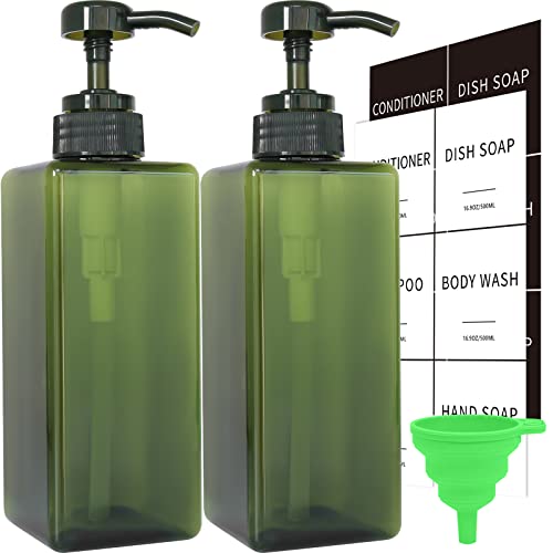 Green Soap Dispenser with Waterproof Labels, Thickened Plastic Hand Soap Dispenser for Bathroom, Kitchen Dish Washing Liquid Bottles, Shampoo and Conditioner Bottles with Funnel (16oz 2Pack Green) - color: 2 Green