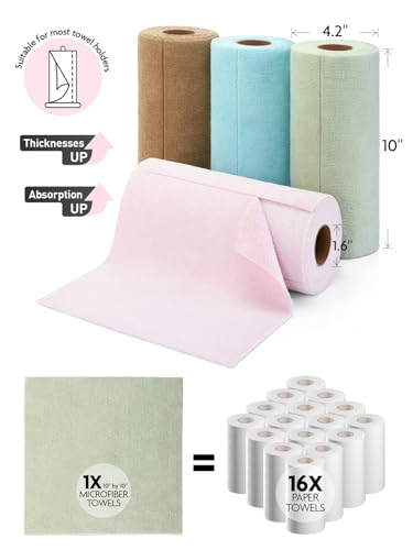 Fantasticlean Kitchen Towels - 80 Sheets - Reusable Washable Dishcloth Rolls, Super Absorbent, Premium Microfiber Cleaning Cloths, 10'' by 10'' (Pink,Blue,Tan,Moss Green) - color: Pink,blue,tan,moss Green