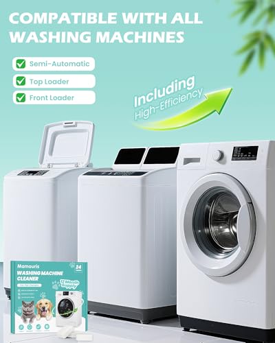 Washing Machine Cleaner Tablets: 24 Pack Deep Cleaning For HE, Front Loader & Top Load Washer, Removes Pet Hair, Odors, Formulated for Pet Owners, Septic Safe, 12 Month Supply, 11G