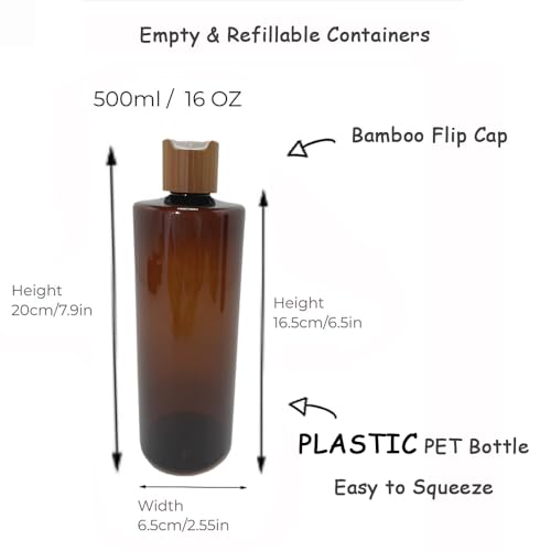 Empty Cosmetic Bottles 16oz/500ml 2 Pack with Bamboo Disc Top Flip Cap for Shampoo Lotion Liquid Soap,Cream,Refilable Plastic Squeeze Travel Size Toiletry Bottles Brown - color: Brown, size: 500ml (Pack of 2)