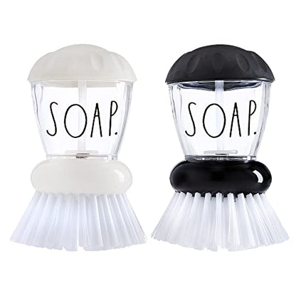 Rae Dunn Collection Soap Dispensing Dish Brush Set - Set of 2 Palm Brush Dish Scrubber with 2 Replacement Brush Heads