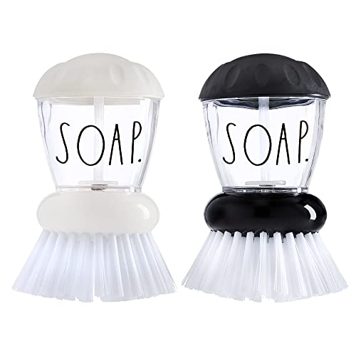 Rae Dunn Collection Soap Dispensing Dish Brush Set - Set of 2 Palm Brush Dish Scrubber with 2 Replacement Brush Heads