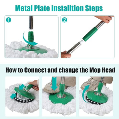 Spin Mop and Bucket with Wringer Set, 360° Spinning Mop Bucket System with 3 Microfiber Mop Replacement Heads and 61" Stainless Steel Adjustable Handle for Floor Cleaning (20QT) - color: Green