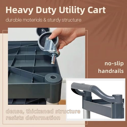 3 Tier Utility Cart with Handle 500 lbs Load Capacity Heavy Duty Serving Cart with Wheels for Kitchen Warehouse Garage Restaurant, Plastic Rolling Trolley Utility Shelf for Storage, Gray