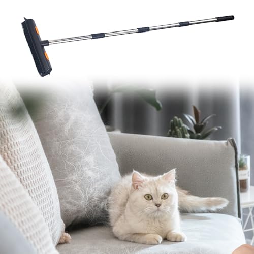 Rubber Broom Carpet Rake, Long Handle Telescoping Pets Hair Removal Broom with Squeegee, Portable Remover Brush, Cleaning Tool
