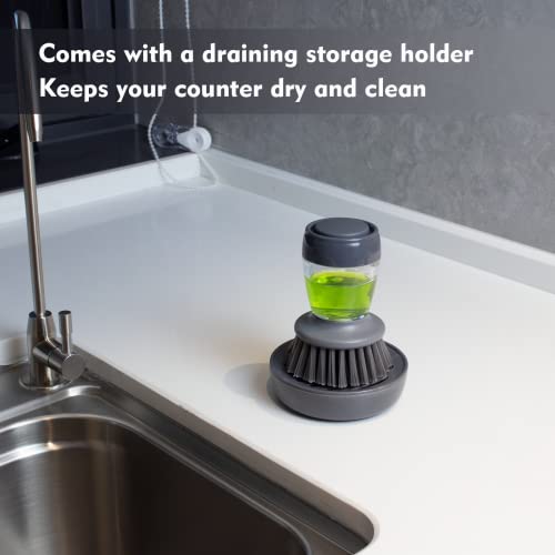DAPOWER Dish Brush with Soap Dispenser, Kitchen Scrub Brush for Dishes Pots Pans Sink Cleaning, Dish Scrubber with Holder Set (Grey Handle & Nylon Bristles) - color: Grey Handle & Nylon Bristles