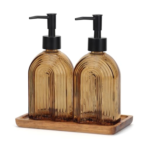 Glass Soap Dispenser Set with Wooden Tray, 11.6Oz Refillable Liquid Modern Soap Dispenser with Plastic Pump for Hand and Dish Set for Bathroom Countertop Decor (Amber) - color: Amber Thin Rainbow