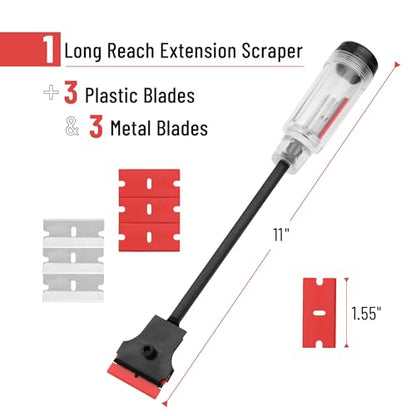 Bates- Long Reach Extension Scraper, 11-Inch Razor Scraper Tool | With Extra 3 Double Edged Plastic & 3 Metal Blades Long Handle Window Scraper for Paint Removal Glass Cleaning & Surface Work