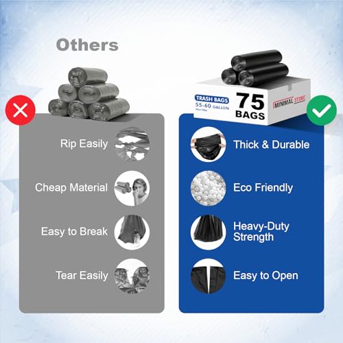 75 Count 55-60 Gallon Trash Bags, Heavy Duty Black Contractor Garbage Bags 38"x58", Large Kitchen Trash Bag for Industrial, Lawn, Leaf, Commercial Use, Tall Kitchen Trash Bags