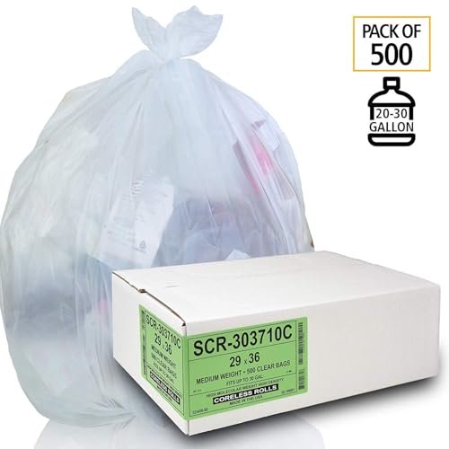 Aluf Plastics 20-30 Gallon Trash Bags - (Commercial 500 Pack) - Source Reduction Series Value High Density 10 Micron Gauge (equiv) - Intended for Home, Office, Bathroom, Paper, Styrofoam,Clear - color: Clear, style: 20-30 Gal, 10 Micron Equiv, 500 Count