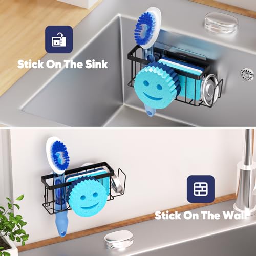 MURLONG Sponge Holder for Kitchen Sink,Sink Caddy Smiley Face,4-in-1 Sponge Holder with Suction Cups & 1 PCS Adhesive Strips for Holding Soap,Brush,Scrubber,Sponge,Stopper-Black - color: Black
