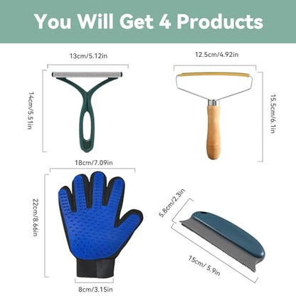 Pet Hair Remover Tool 4-Pack, Dog Cat Hair Remover with 1PCS Pet Grooming Glove, Lint Shaver Cleaner Pro, Portable Carpet Scraper for Carpets, Clothes, Car Mats, Couch, Pet Bed, Furniture