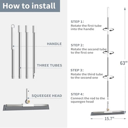 Floor Squeegee for Concrete Floor, Squeegee for Floor with 180° Rotating Head & 63" Long Handle, Garage Squeegee Broom for Epoxy Floor, Pet Hair, Water Removal, Bathroom Tile, Shower Glass, Carpet