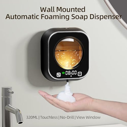 Automatic Soap Dispenser Touchless, Wall Mount Foam Hand Soap Dispenser, 5 Adjustable Foam Levels, Rechargeable 120-Day Battery, IPX5 Waterproof LED Clock for Bathroom Kitchen Sink 320ML (Black) - color: Foam Black