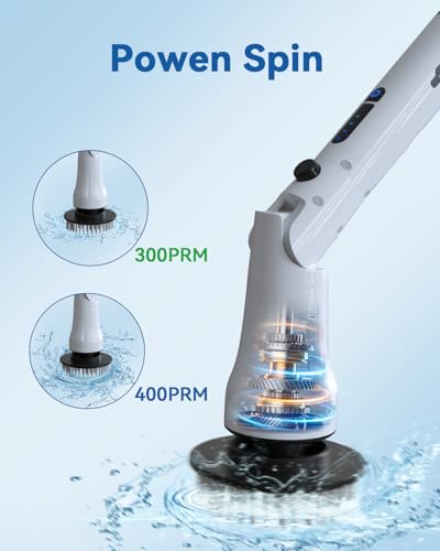Electric Spin Scrubber, Hillyfe Bathroom Scrubber Electric with 7 Replaceable Brush Heads, IPX7 Waterproof,300/400 RPM, 3 Adjustable Length,Scrubber Brush Electric for Bathtub Floor,White - color: White