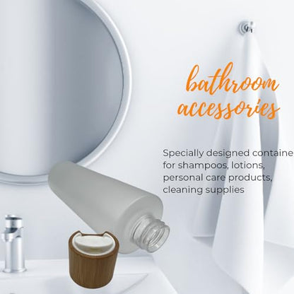 Empty Cosmetic Bottles 8oz/250ml 2 Pack with Bamboo Disc Top Flip Cap for Shampoo Lotion Liquid Soap,Cream,Refilable Plastic Squeeze Travel Size Toiletry Bottles Frost Clear - color: Frost Clear, size: 250ml/8oz 2Pack