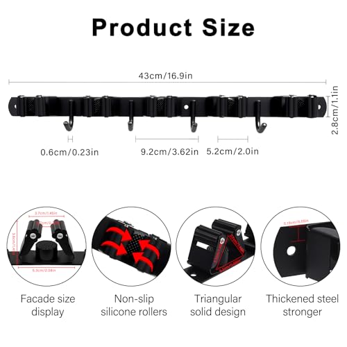 2 Packs 5 Racks and 4 Hooks Mop and Broom Holder Wall Mount, SUS304 Heavy Duty Broom Organizer Storage Tool Racks, Self Adhesive Solid Non-slip Tool Hangers for Home Kitchen Garden Laundry Garage - color: 5 Racks & 4 Hooks (Black) - 2 Pack