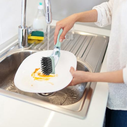 Dish Brush with Soap Dispenser, Green Ergonomic Handle Spring-Loaded Bowl Brush for Kitchen Sink – Quick Clean Dish Scrubber Brush with Soap Dispenser for Dishes, Pots, Bowls