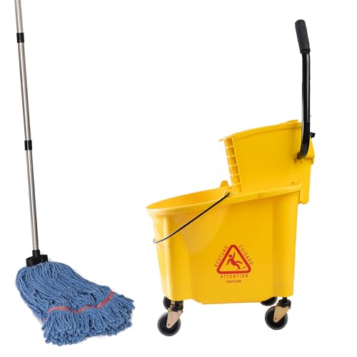 Matthew Cleaning 38 Quart Commercial Mop Bucket INCL.Wet String Mop with Side Press Wringer On Wheels,Heavy Duty Tandem Portable Floor Cleaning Wavebrake,Ideal for Household,Industrial,Restaurant - color: Yellow, size: 38 Quart