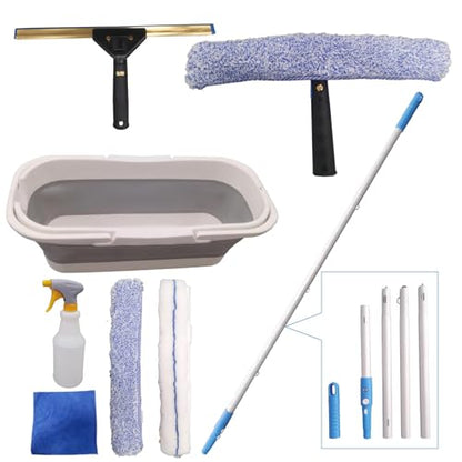 Pro Window Cleaning Kit with Storage Bucket, with 4 13 inch Extension Rods, Scrubber, Spray Bottle, Rag and Scraper with Rotating Head - Car/Home Glass Cleaning System