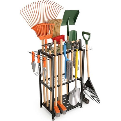 Faesun Garden Tool Organizer, 3-Tier Metal Yard Tool Rack with 14 Hooks & 5 Slots, Holds 50+ Rakes/Shovels/Brooms, Heavy Duty Freestanding Lawn Tool Storage for Garage Shed Outdoor Organization - size: Stand