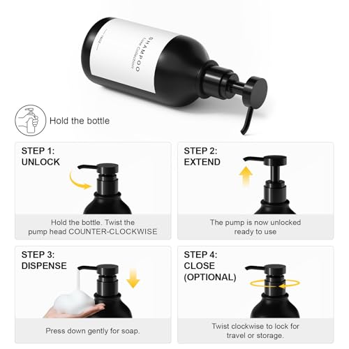 Refillable Shampoo and Conditioner Dispenser Set of 3 - Wall Mounted No Drill Pump with Bottles, 3 Chamber for Shower Soap and Body Wash Dispenser with Labels, Matte Black Bottle for Bathroom (16oz)