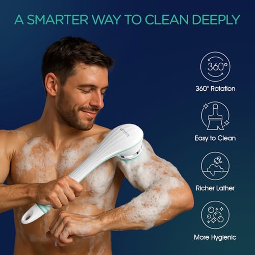 VOYOR Electric Silicone Body Scrubber, Back Scrubber for Shower, Waterproof Long Handle Body Brush, Rechargeable Power Bath Brush for Cleansing, Exfoliating, Massaging Skin BC100 (Blue) - color: Blue