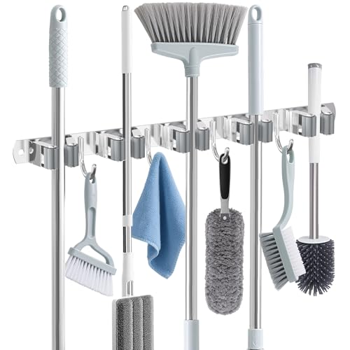 HANZENMA Broom Holder Wall Mount, Broom Organizer Wall Mount Stainless Steel Broom and Mop Hanger Heavy Duty Storage Organization for Home Kitchen Garden Garage Room 5 Racks 4 Hooks - color: Grey, size: 5 Racks 4 Hooks