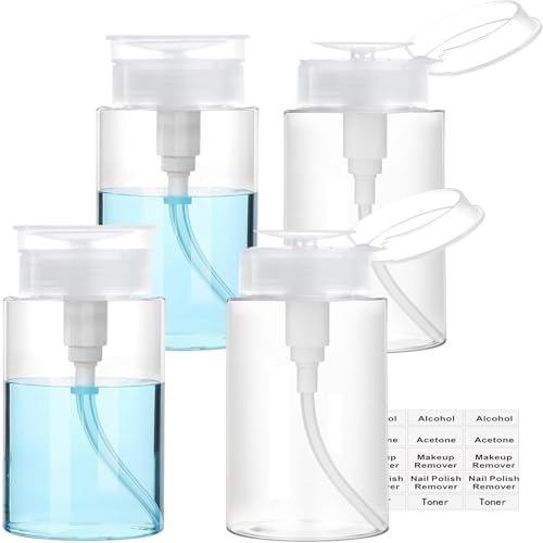 Push Down Pump Dispenser, 6.8oz Clear Pump Bottles with Alcohol, Acetone, Nail Polish Remover, Makeup Remover, Toner Stickers Empty Push Top Container for Liquid (200ml-4Pack) - size: 200ml-4pack