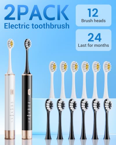 Aneebart Sonic 2 Pack Electric Toothbrush for Adults and Kids, Travel Toothbrush Includes 12 Replacement Toothbrush Heads, 6 Modes with 2 MIN Smart Timer (Black White) - color: Black+white