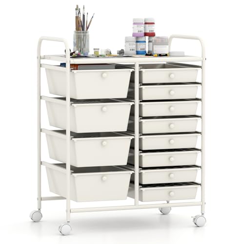 Giantex 12 Drawer Rolling Cart with Drawers, Storage Organizer Cart for Classroom Office School Teacher, Mobile Drawer Cart for Tools, Crafts, Small Printer, Ivory - color: Ivory, size: 12 Drawer-25"x14.5"x29.5"