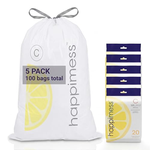 happimess 13.2 Gallon (50L) Drawstring Trash Bags, Lemon Scent, White, Heavy Duty MDPE Liners for Kitchen and Household, Odor Control, Custom Fit 100 Count (5 Packs of 20 Liners) HPM3100C-W-5SET - color: White (Lemon Scented), size: 100 Count (Pack of 1)