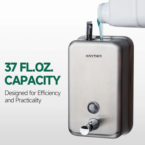 anydry Commercial-Grade Manual Soap Dispenser, Durable Brushed Stainless Steel Finish, 37oz (1100ml) Liquid, Wall-Mounted for Bathroom & Kitchen - color: Brushed