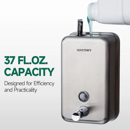 anydry Commercial-Grade Manual Soap Dispenser, Durable Brushed Stainless Steel Finish, 37oz (1100ml) Liquid, Wall-Mounted for Bathroom & Kitchen - color: Brushed